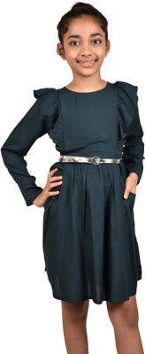 chuppan chupai Girls Above Knee Casual Dress(Blue, Full Sleeve)