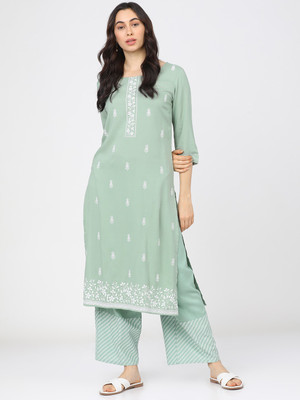 Vishudh Women Printed Straight Kurta(Green)