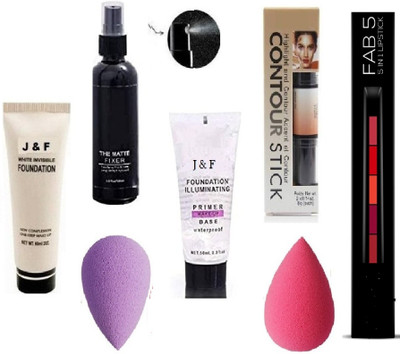 J & F Combo of illuminating Waterproof Primer with High Quality Makeup fixer Spray And Foundation , Fab 5 in 1 Matte Lipstick Multicolor , Beauty Blender Sponge Puff ( Pack of 2 ) , 2 in 1 Contour Stick(Pack of 6) J & F Combo of illuminating Waterproof Primer with High Quality Makeup fixer Spray And Foundation , Fab 5 in 1 Matte Lipstick Multicolor , Beauty Blender Sponge Puff ( Pack of 2 ) , 2 in 1 Contour Stick(Pack of 6)