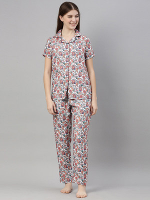 Bushirt Women Printed White Shirt & Pyjama set