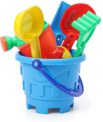 SVE Sand Game Castle Building Plastic Beach Toy Set for Kids Summer Fun Creative Activity Playset & Gardening Tool with Accessories & Bucket-Pack of 8(Multicolor)