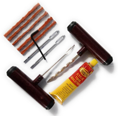 SEAHORSE POLYMERS Tubeless Tyre Puncture Repair Kit (Cherry Color) With Free Solid Metal Handle 2Pcs Eye Needles Tool With 1 Pcs Tube Solution Tubeless Tyre Puncture Repair Kit