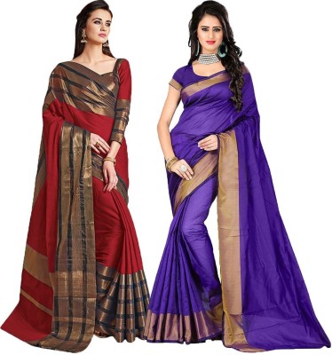 BAPS Self Design, Striped, Embellished, Woven, Solid/Plain Bollywood Cotton Blend, Art Silk Saree(Pack of 2, Purple, Red)