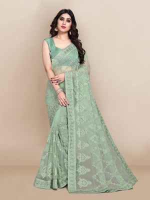 shree maruti fashion Solid/Plain Bollywood Net Saree(Green)