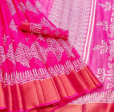 khial Printed Ikkat Cotton Blend Saree(Pink)