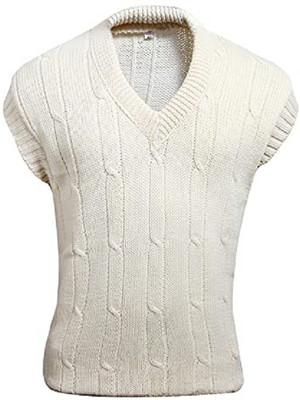 CW Self Design V Neck Casual Men White Sweater