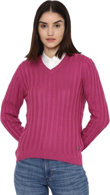 Allen Solly Striped V Neck Casual Women Pink Sweater