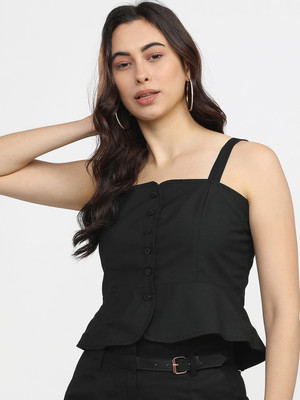 Tokyo Talkies Casual Solid Women Black Top