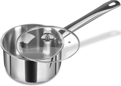 MILTON Pro Cook Stainless Steel Sandwich Bottom Sauce Pan with Glass Lid, 14 cm / 1.2 Litres, Steel Plain Induction Bottom Cookware Set