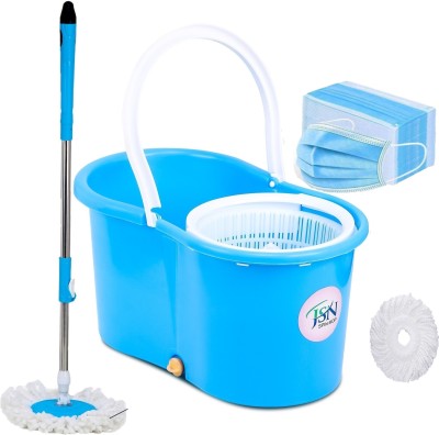 JSN Easy Magic Spin Floor Mop 360 Degree Bucket Mop with Plastic Spinner 50 Mask 2 Refill Mop Set(Blue)