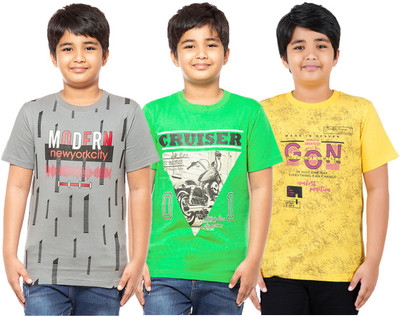 Jingo Boys Printed Cotton Blend Regular T Shirt(Grey, Pack of 3)