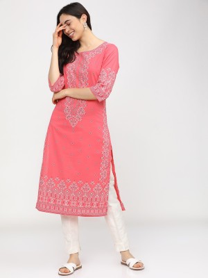 Vishudh Women Printed Straight Kurta(Pink)