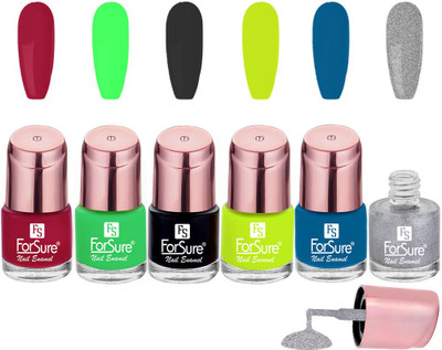 ForSure Glossy Finish Nail Polish With Quick Dry Formula Combo of 4 Perfection Red ,Indigo Blue ,Bold Black ,Neon Lime ,Parrot Green ,Silver ,Sparkle(Pack of 6)