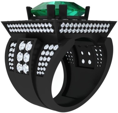 KRISHNO JEWELS AEGR0001H Sterling Silver Emerald, Diamond Black Silver Plated Ring