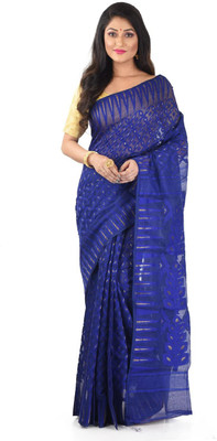 basak creation Self Design Jamdani Cotton Blend Saree(Blue)