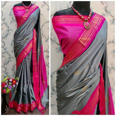 Mysstre Woven Paithani Cotton Silk Saree(Grey)