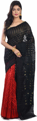 basak creation Self Design Jamdani Cotton Blend Saree(Black)