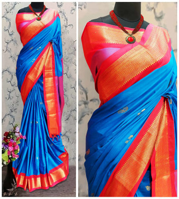 Mysstre Woven Paithani Cotton Silk Saree(Blue)