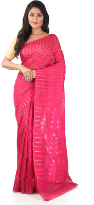 basak creation Self Design Jamdani Cotton Blend Saree(Pink)