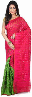 basak creation Self Design Jamdani Cotton Blend Saree(Pink)