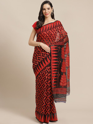 basak creation Self Design Jamdani Cotton Blend Saree(Red)