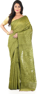 basak creation Self Design Jamdani Cotton Blend Saree(Green)