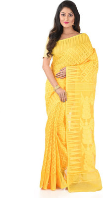 basak creation Self Design Jamdani Cotton Blend Saree(Yellow)