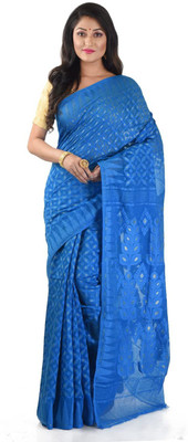 basak creation Self Design Jamdani Cotton Blend Saree(Blue)