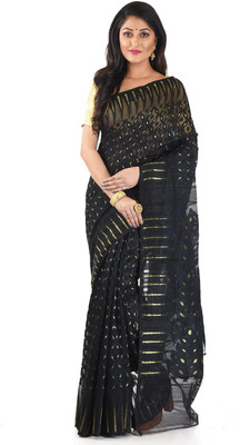 basak creation Self Design Jamdani Cotton Blend Saree(Black)
