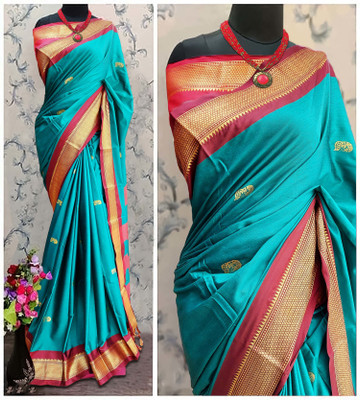 Mysstre Woven Paithani Cotton Silk Saree(Light Blue)