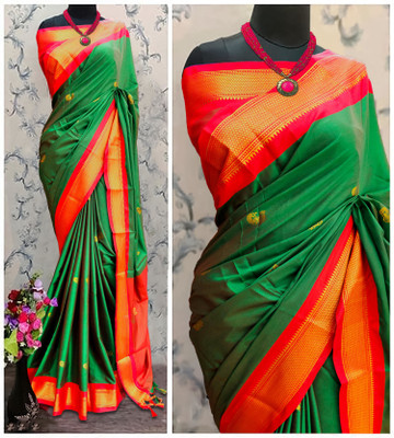 Mysstre Woven Paithani Cotton Silk Saree(Green)