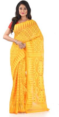 basak creation Self Design Jamdani Cotton Blend Saree(Yellow)