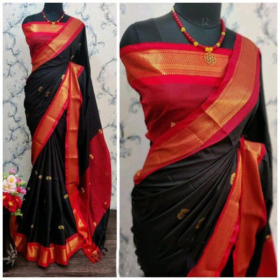 Mysstre Woven Paithani Cotton Silk Saree(Black)