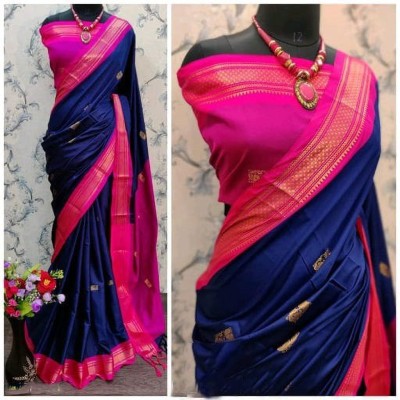 Mysstre Woven Paithani Cotton Silk Saree(Dark Blue)