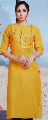 scope creations Women Embroidered Straight Kurta(Yellow)