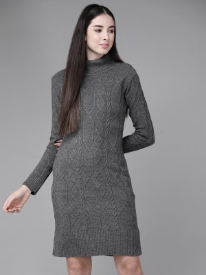 THE DRY STATE Self Design Turtle Neck Casual Women Grey Sweater