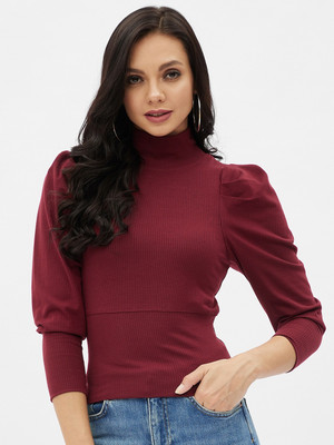 Harpa Basics Casual Solid Women Maroon Top