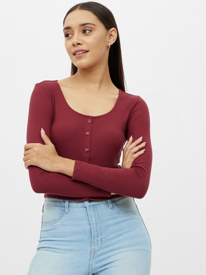 Harpa Basics Casual Solid Women Maroon Top