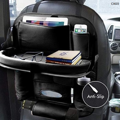 CARIZO Heavy Leather Car Back Seat Organizer with Foldable Dining Table Tray Waterproof Storage Pockets (Black) Compatible with Mahindra Ssangyong Car Storage Bag & Bin(10 L)