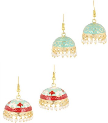 fabula Combo of 2 Mint Green & Meenakari Enamel Floral Delicate Beads, Crystal Metal Jhumki Earring