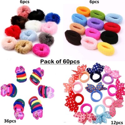 PUCHKOO combo of 6 pcs fur rubberbands, 6 pcs thick hairband, 36 thin hairband, 12 pcs bow hairband Hair Accessory Set(Multicolor)