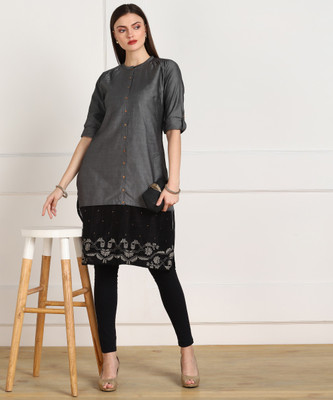 W Women Self Design Straight Kurta(Black)