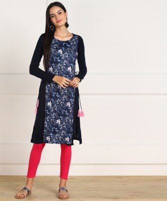 Aurelia Women Floral Print Straight Kurta(Dark Blue)