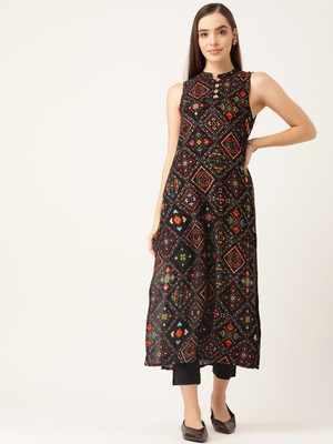 ANOUK Women Printed A-line Kurta(Black)