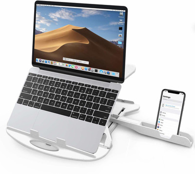 STRIFF Adjustable Laptop Stand Patented Riser Ventilated Portable Foldable Compatible with MacBook Notebook Tablet Tray Desk Table Book with Free Phone Stand(White) Plastic Desk Stand Laptop Stand with Adjustable Height Compatible with 36 - 39cm Laptops(White)