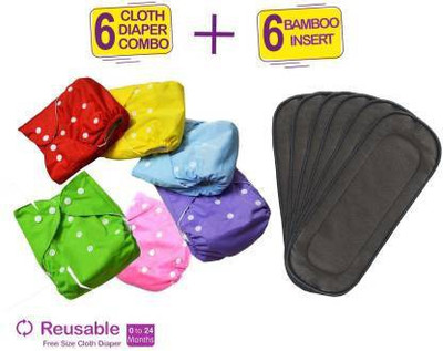 CREEPY Reusable New Born Infant Baby Cotton Cloth Diaper Washable Adjustable Pack Of 6 Cloth Diapers Nappie With 6 Wet Free Inserts Liners Pads