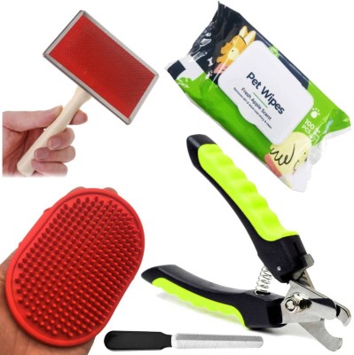 YOUHAVEDEAL Dog Grooming Kit - Pet Wipes for Dog + Pet Bath Brush Grooming Comb with Adjustable Ring + Pet Grooming Wood Handle Slicker Brush + Dog Nail Clippers with Filler for Puppy, Cat and Kitten (Color May Vary) Pack of 4 Plain/ Bristle Brushes for  Dog, Cat, Hamster, Guinea Pig, Rabbit, Dog & 