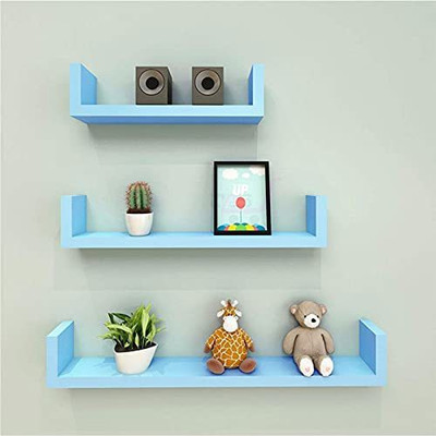 HabibaArtGallery U-Rack Wall Shelf / Home Decor Items Rack Floating Book Shelves for Living Room, Bedroom, Kitchen, Office and More MDF (Medium Density Fiber) Wall Shelf(Number of Shelves - 3, Blue)