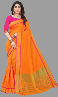 ROFOLO Striped Chanderi Cotton Silk Saree(Orange)