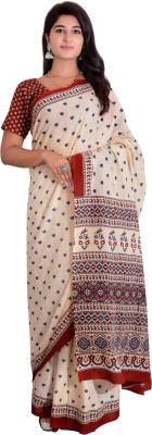 vastraprint Printed Ikkat Cotton Blend Saree(Red, Cream)